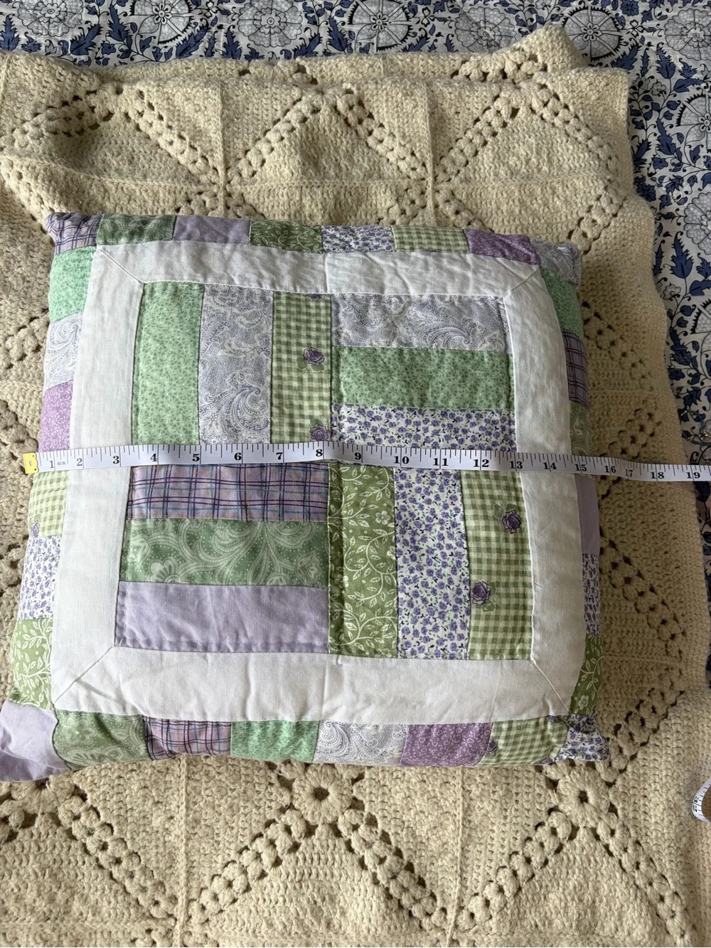 Handmade quilted Patchwork Throw Pillow - Green, Lavender, White